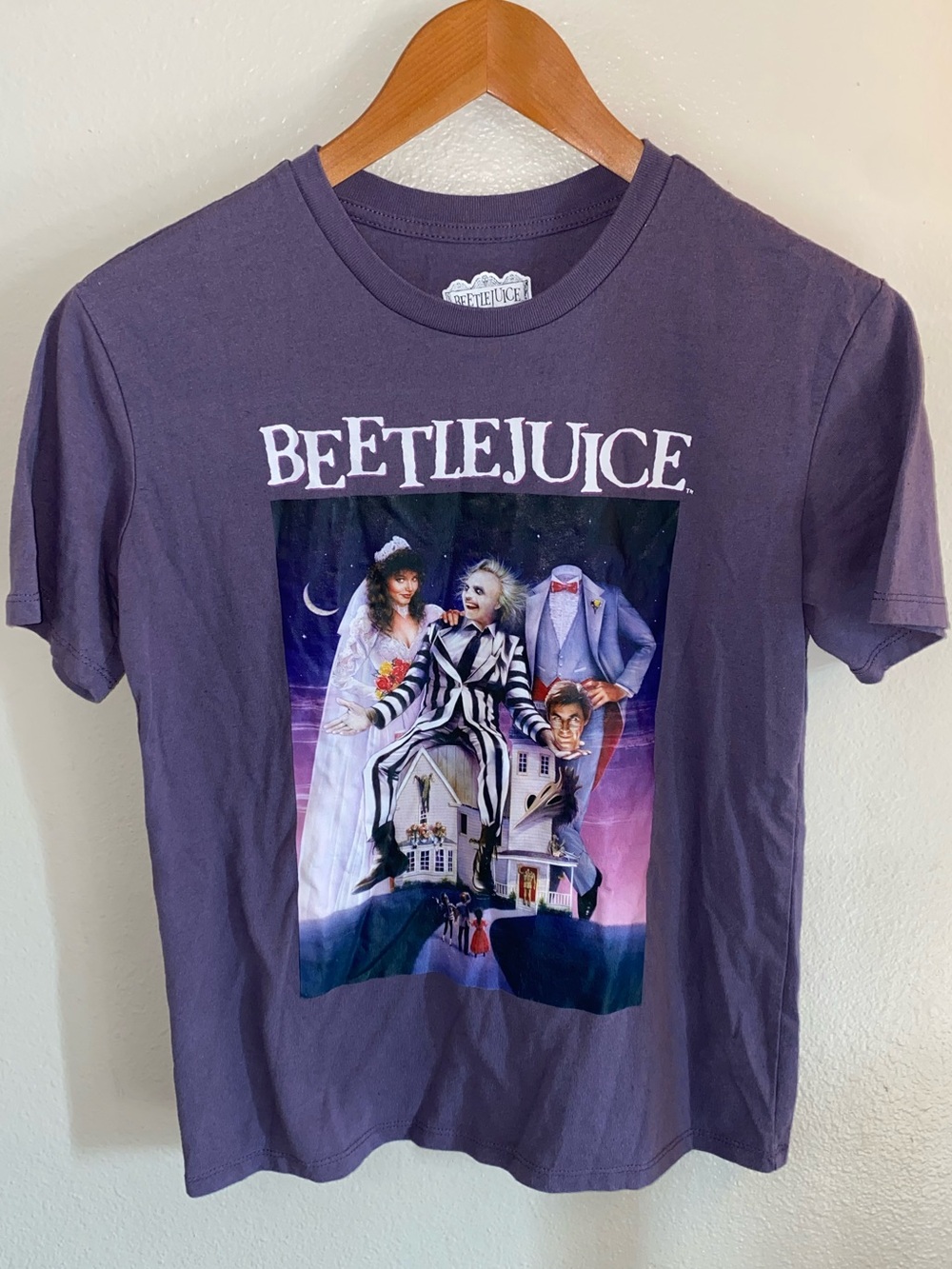 Beetlejuice Graphic Movie Poster Tee Purple Front Back Print XS